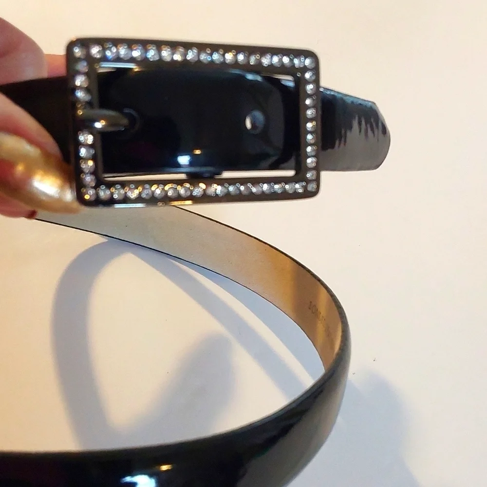 Liz & Co. Black Patent Leather Dress Belt Thin Gun metal Rhinestone Buckle M